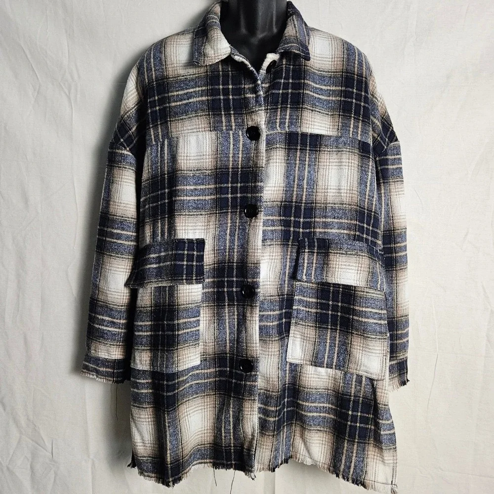 Stitch + Feather Plaid Oversized Shacket Jacket Women Blue‎ Tan White RN 149137